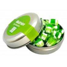 CANDLE TIN FILLED WITH CORPORATE COLOURED TINY HUMBUGS 50G